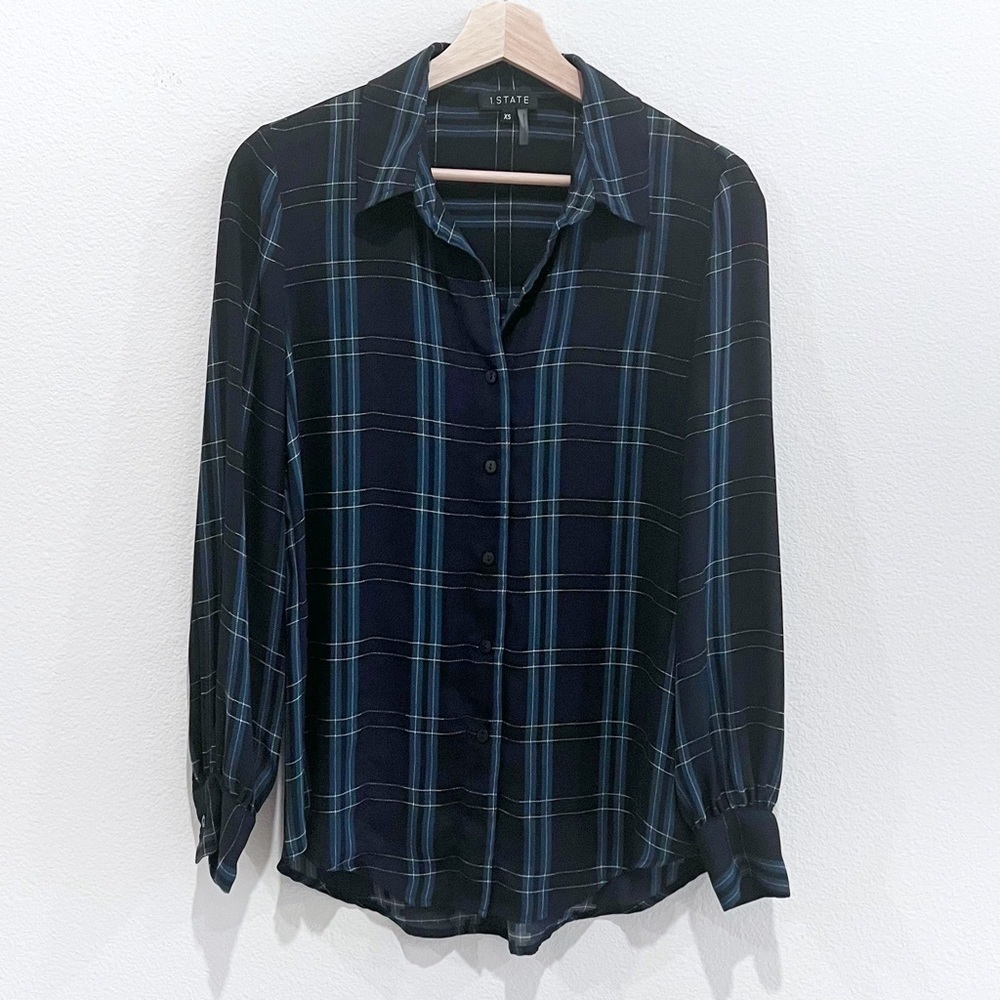1. State Women's Navy & Teal/Green Plaid Button-Down Casual Dress Shirt Size XS